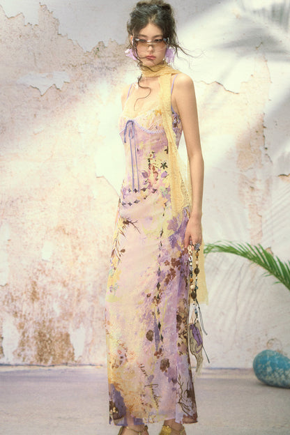 French Oil Painting Floral Spaghetti Strap Long Dress