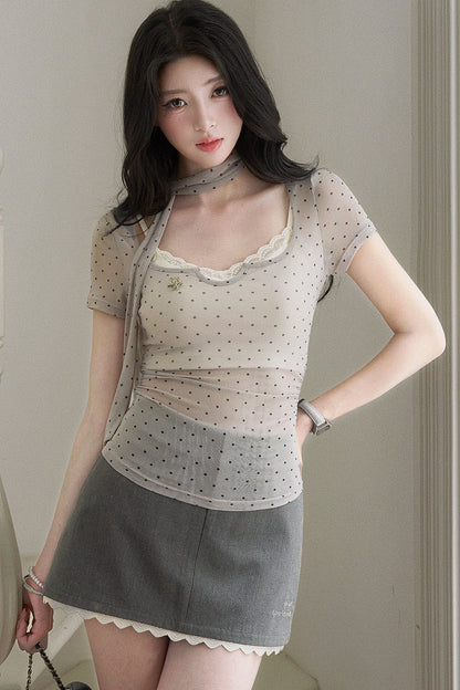 Polka Dot Mesh Top and Skirt Set-Up