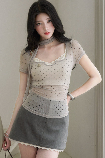 Gray Lace Polka Dot Top Skirt Set-Up