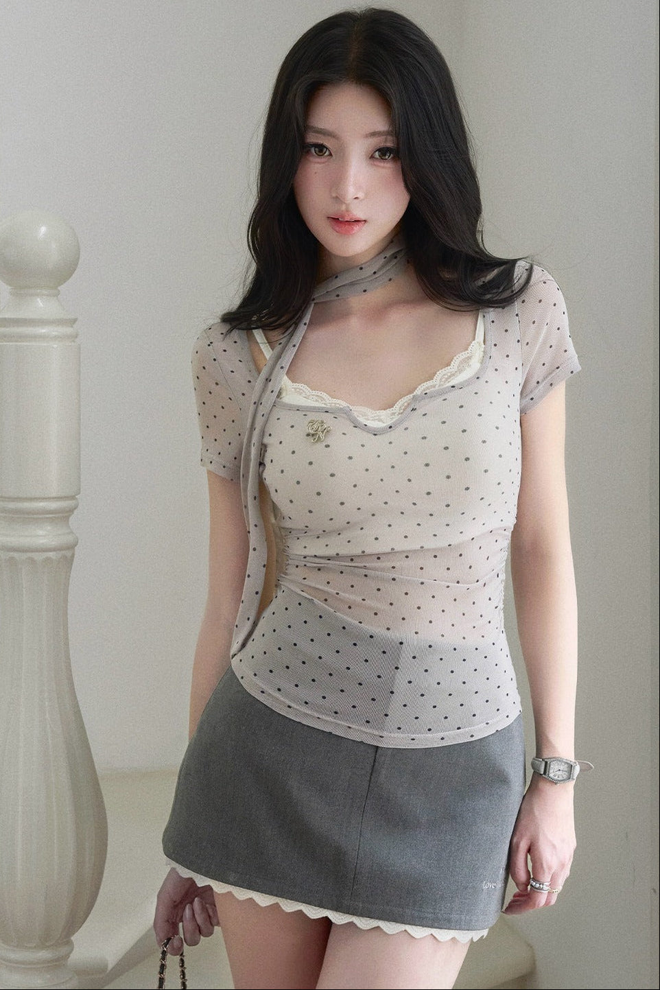 Gray Lace Polka Dot Top Skirt Set-Up