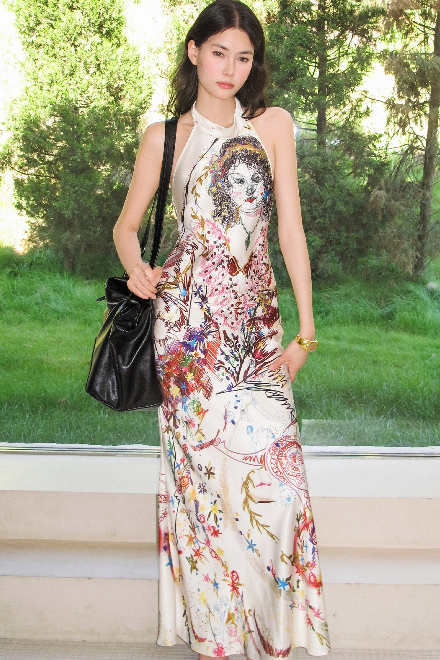 Vintage Hand-Drawn Portrait Halter Maxi Dress