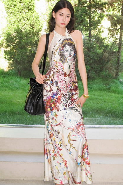 Vintage Hand-Drawn Portrait Halter Maxi Dress