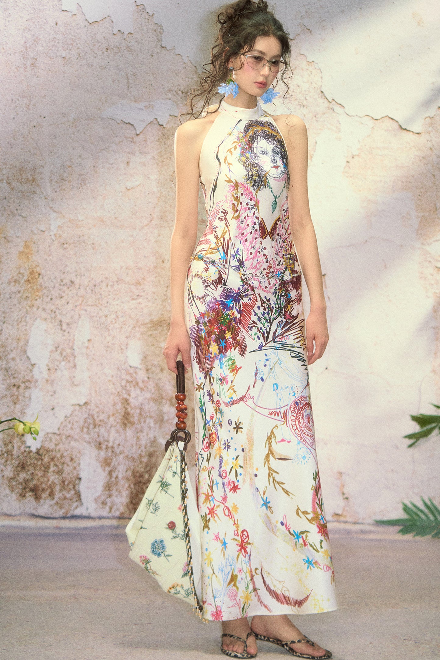 Vintage Hand-Drawn Portrait Halter Maxi Dress