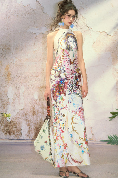 Vintage Hand-Drawn Portrait Halter Maxi Dress