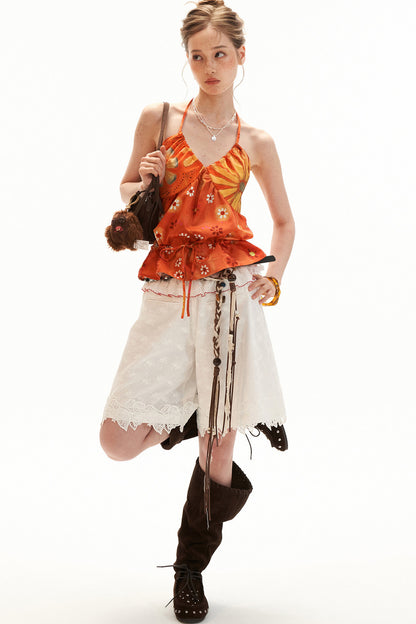 Warm Orange Floral Halter Top