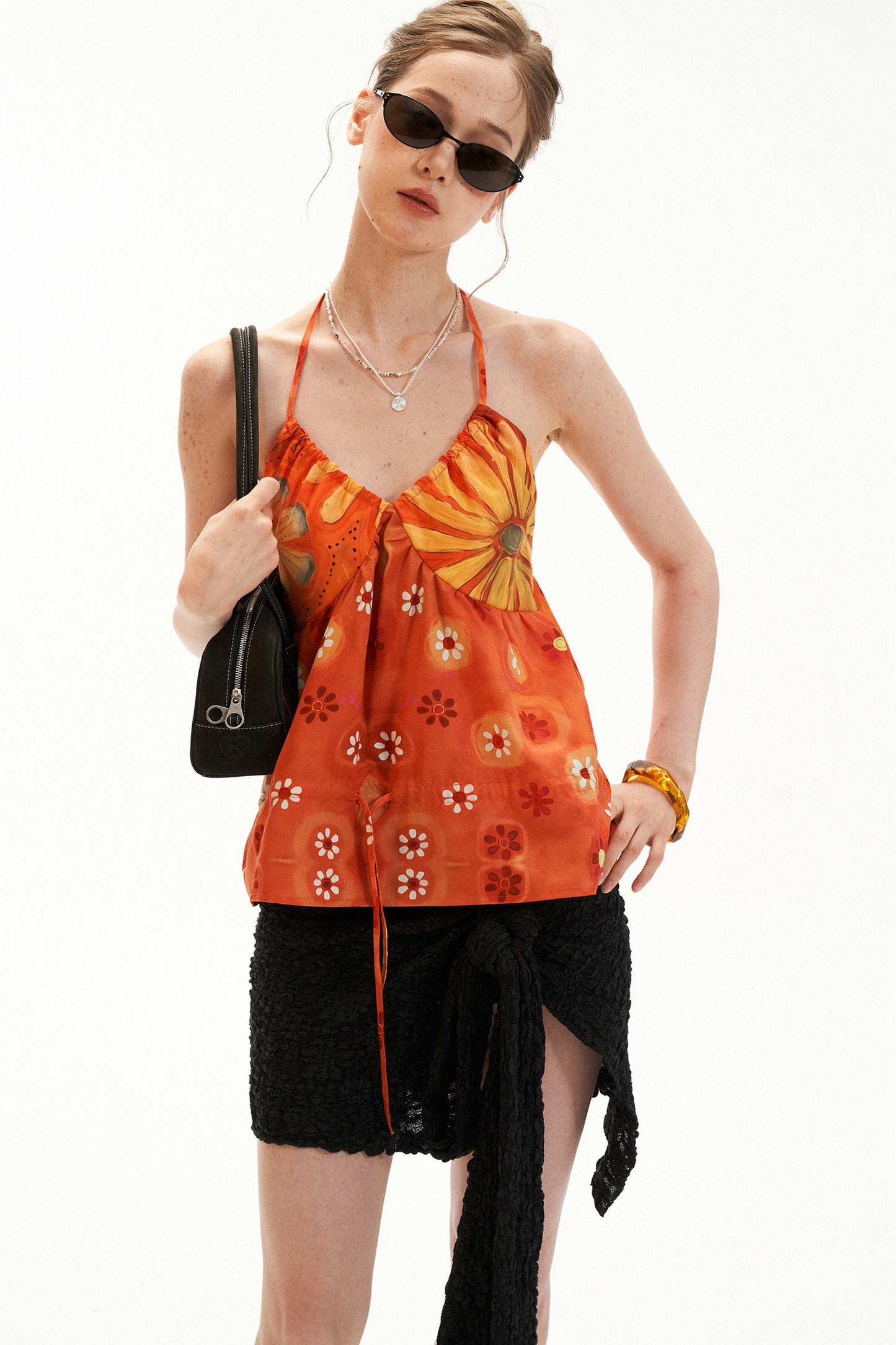 Warm Orange Floral Halter Top