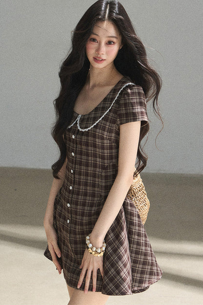 Plaid Doll Collar Puffy Dress