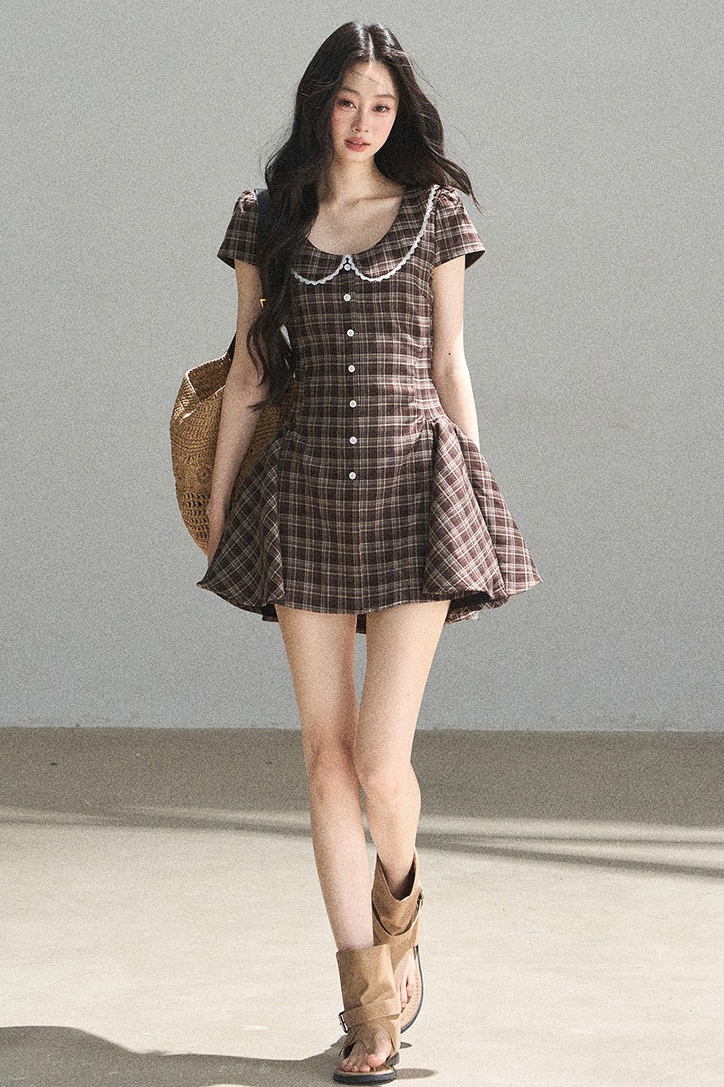 Chestnut Brown Plaid Puffy Dress