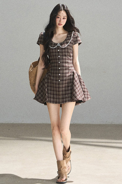 Chestnut Brown Plaid Puffy Dress