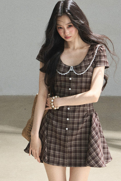 Plaid Doll Collar Puffy Dress