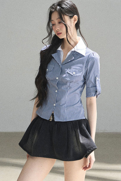 Lost in the Blue Sky Plaid Blouse Set-Up