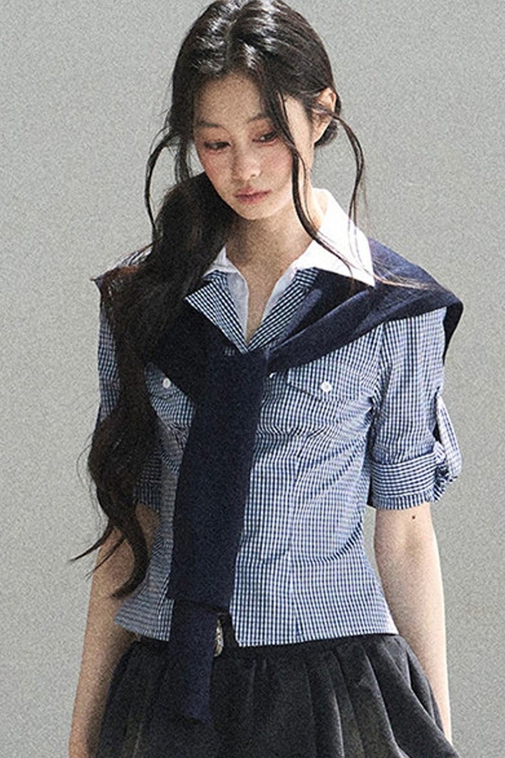 Lost in the Blue Sky Plaid Blouse Set-Up