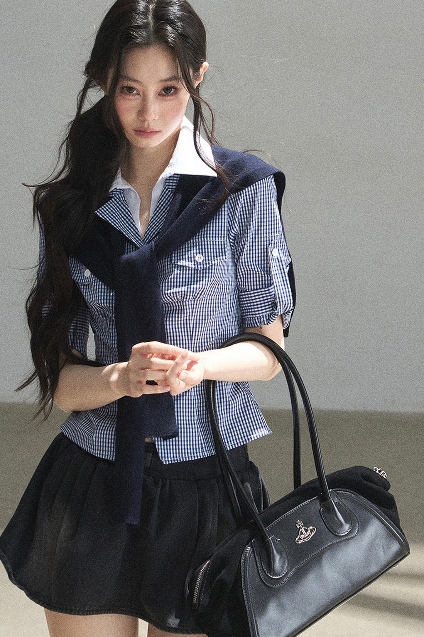 Lost in the Blue Sky Plaid Blouse Set-Up