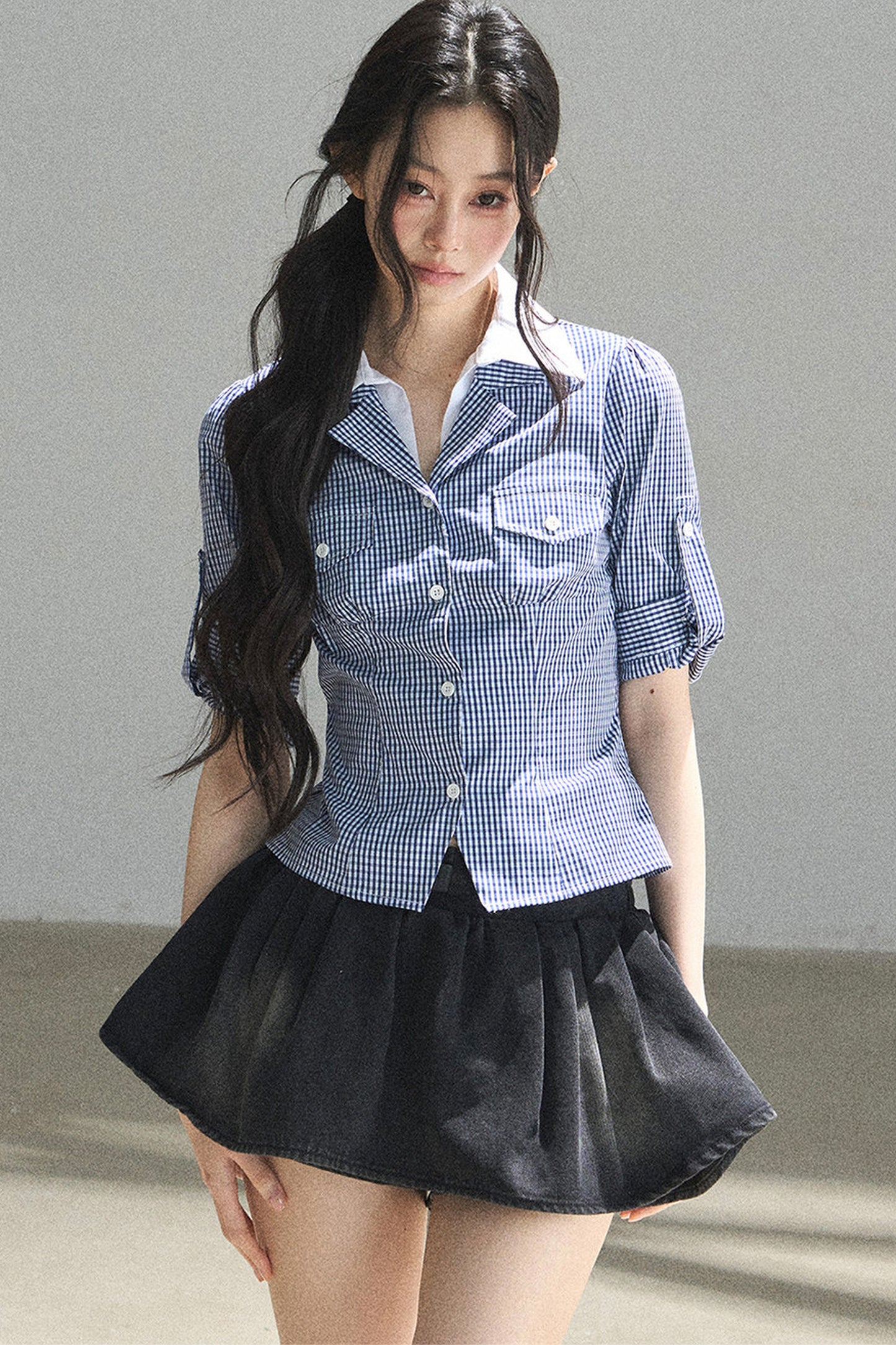 Lost in the Blue Sky Plaid Blouse Set-Up