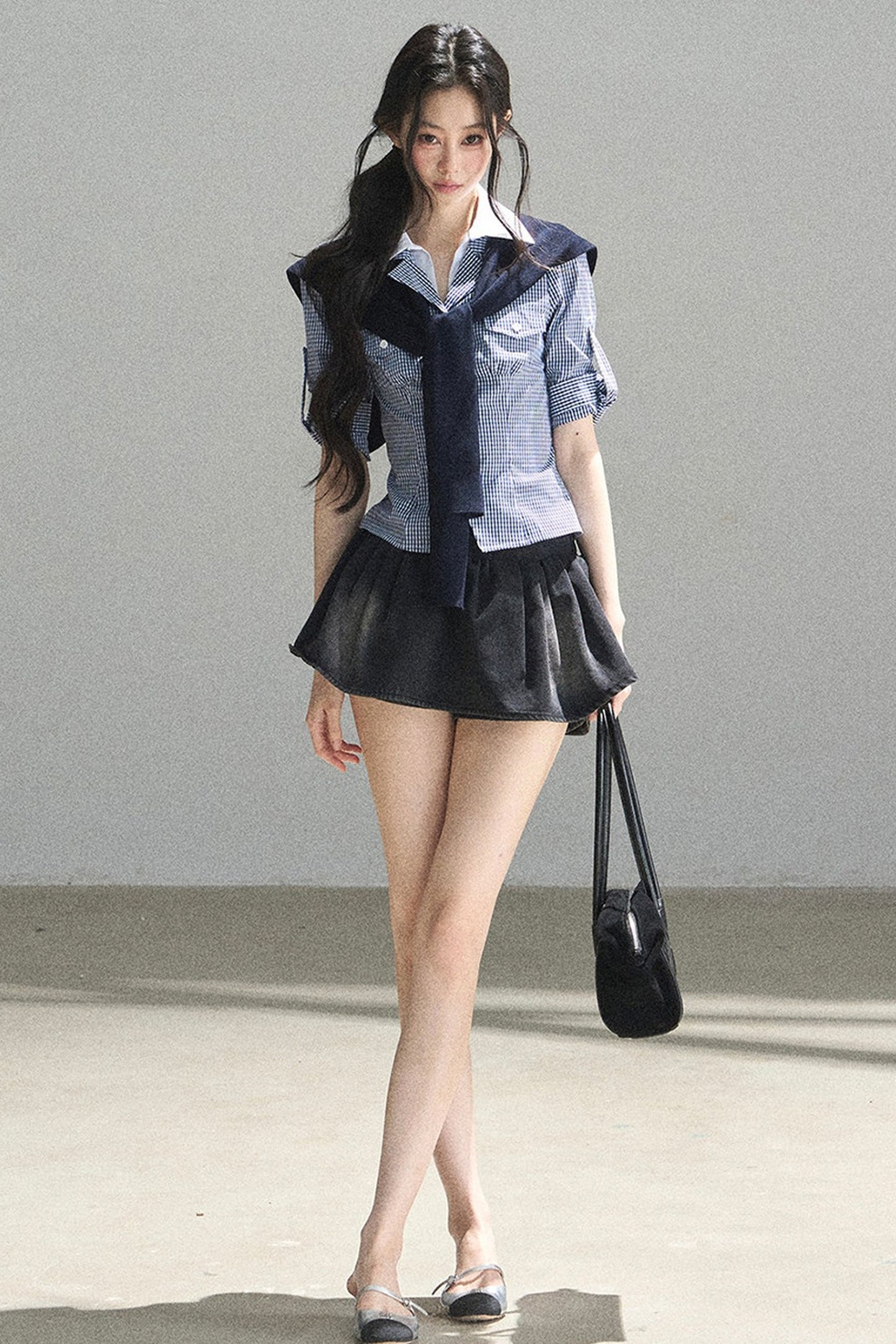 Lost in the Blue Sky Plaid Blouse Set-Up