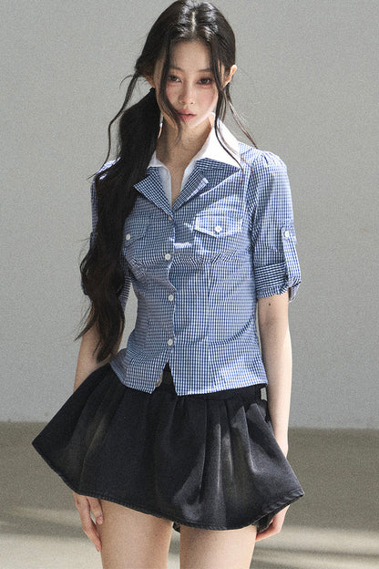 Lost in the Blue Sky Plaid Blouse Set-Up