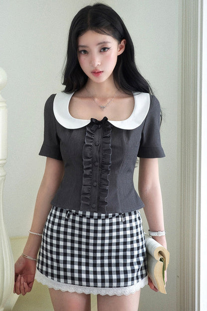 블랙 체크 러플 피터팬 칼라 셋업