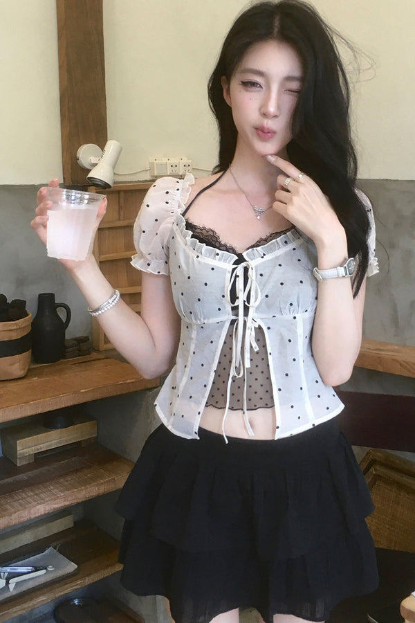 Polka Dot Mesh Puff Shirt