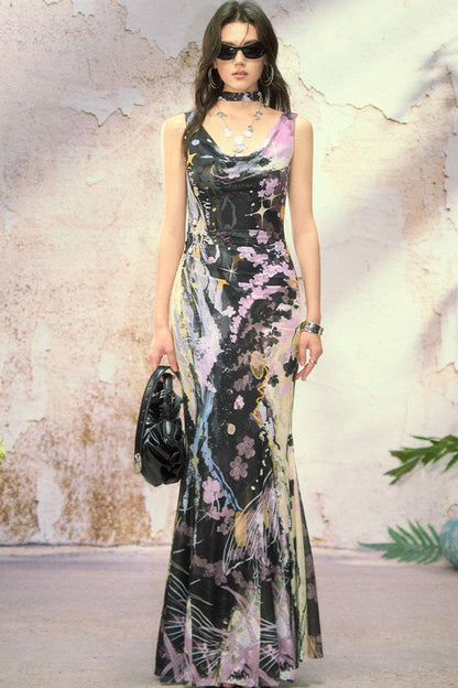 Hand-Painted Mesh Asymmetric Shoulder Dress