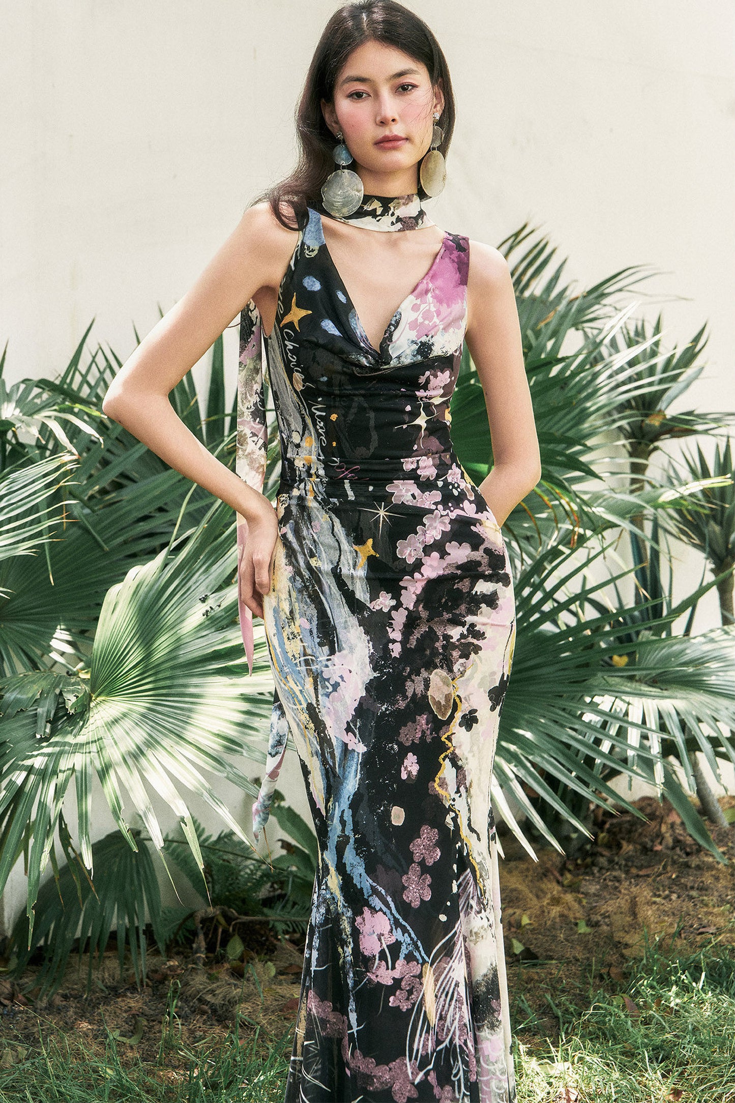 Hand-Painted Mesh Asymmetric Shoulder Dress
