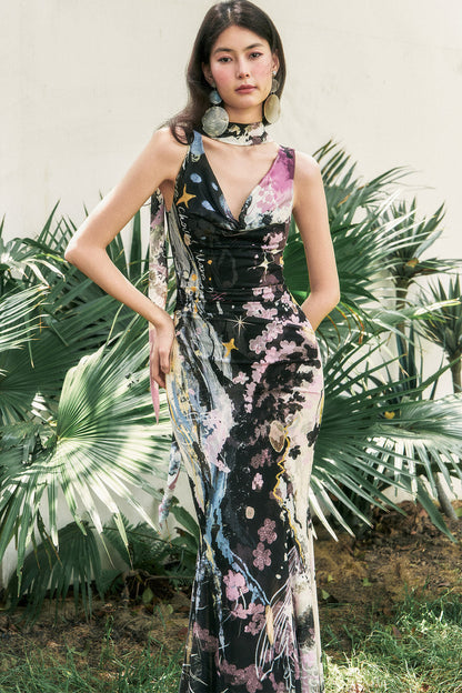 Hand-Painted Mesh Asymmetric Shoulder Dress