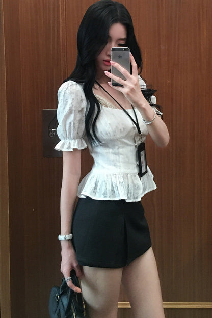 French Puff-Sleeve Button-Up Top