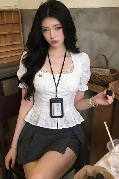 French Puff-Sleeve Button-Up Top