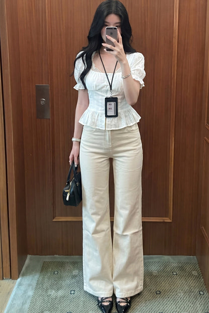 French Puff-Sleeve Button-Up Top