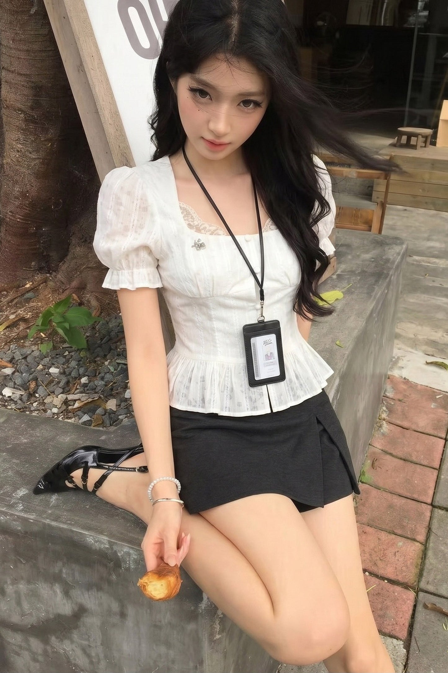 French Puff-Sleeve Button-Up Top