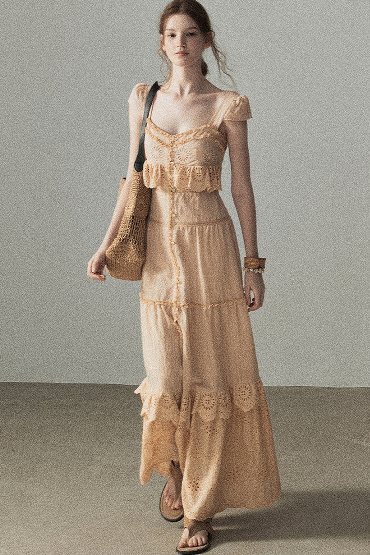 Ruffled French Short-Sleeve Long Dress