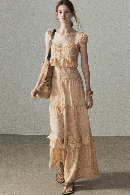 Ruffled French Short-Sleeve Long Dress