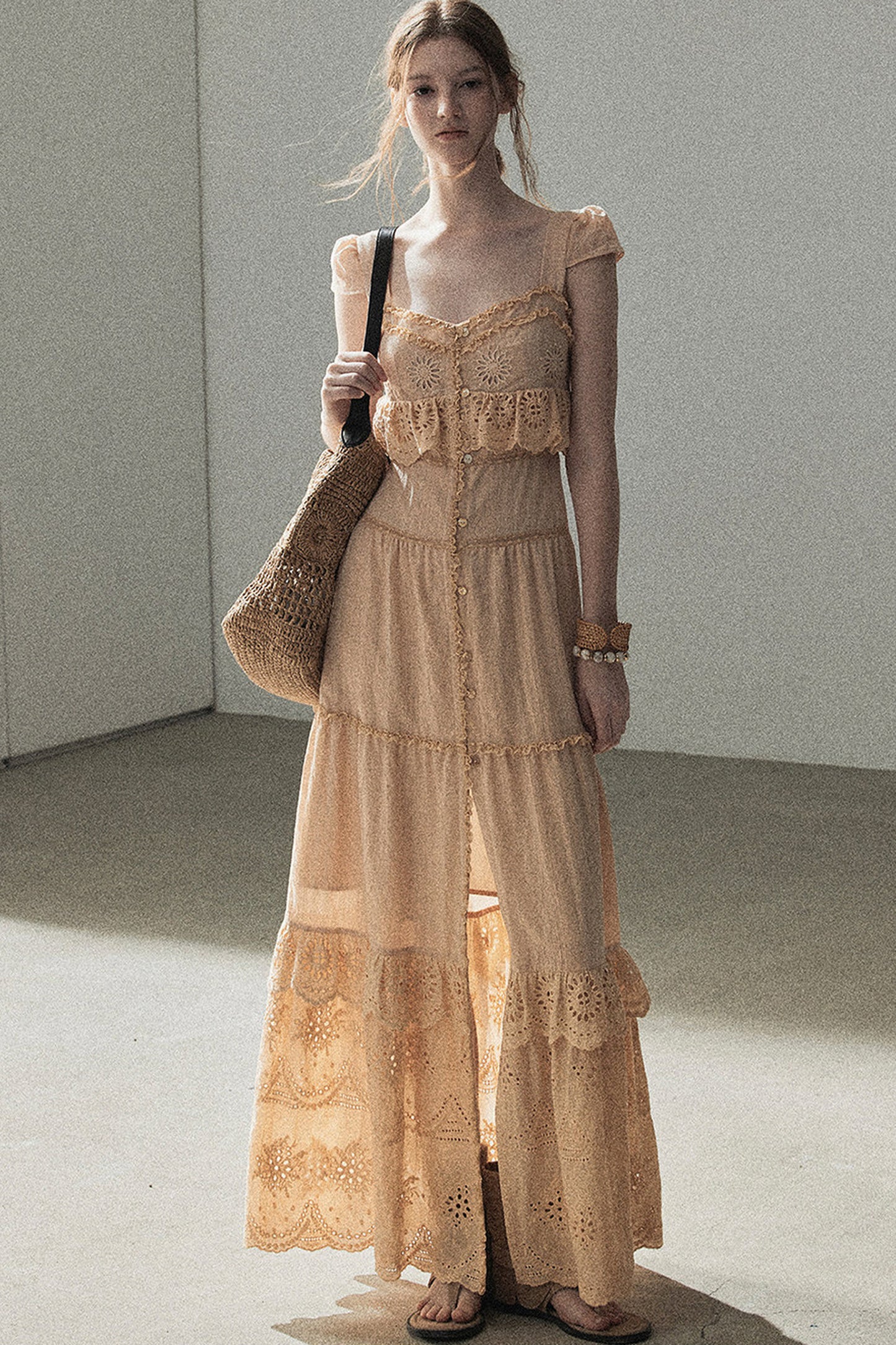 Ruffled French Short-Sleeve Long Dress