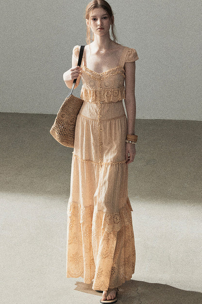 Ruffled French Short-Sleeve Long Dress