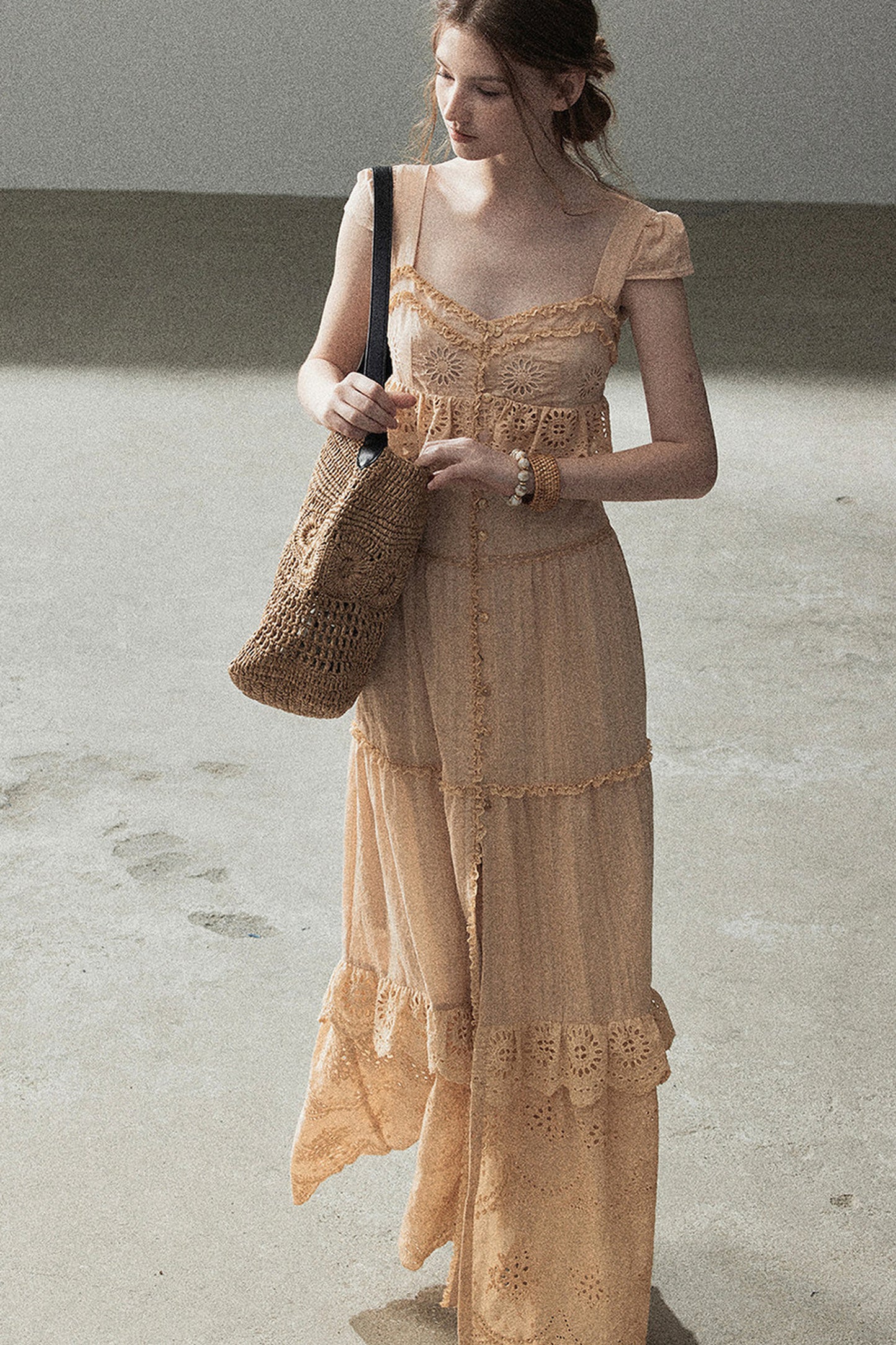 Ruffled French Short-Sleeve Long Dress