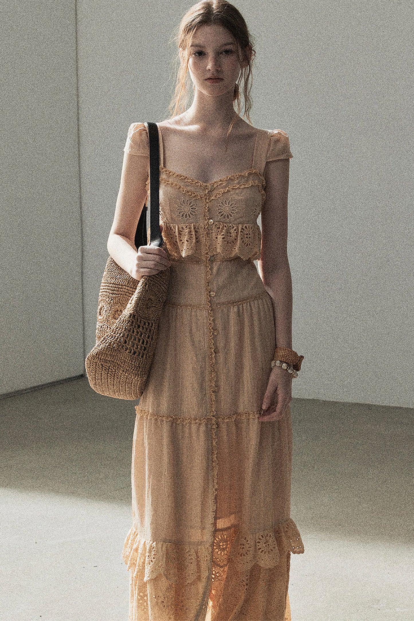 Ruffled French Short-Sleeve Long Dress