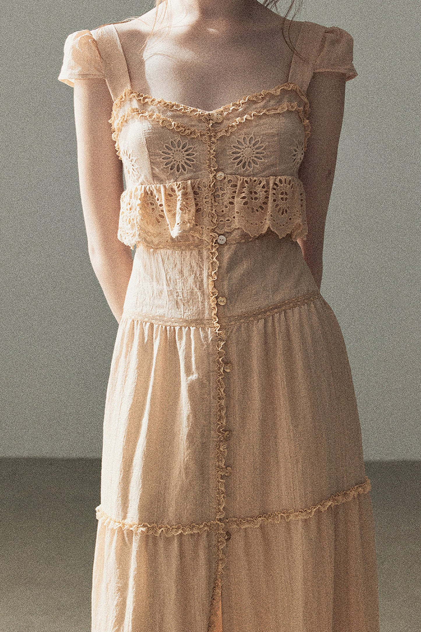 Ruffled French Short-Sleeve Long Dress