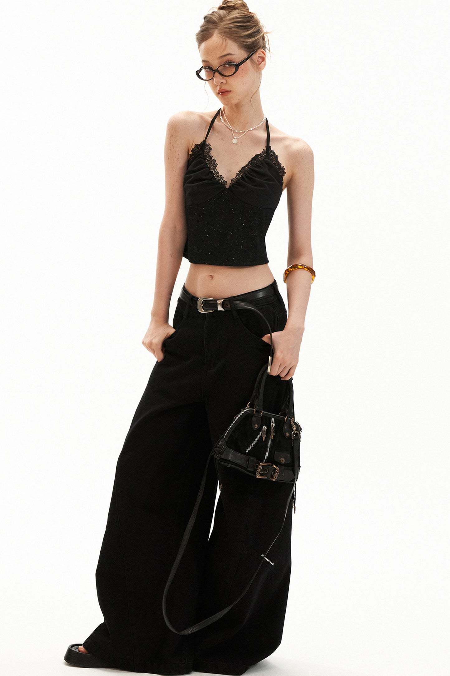 Black Floral Halter Tie Camisole Top Set-Up