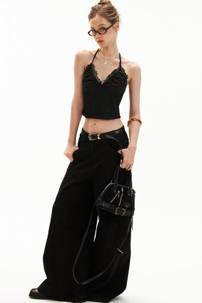Black Floral Halter Tie Camisole Top Set-Up