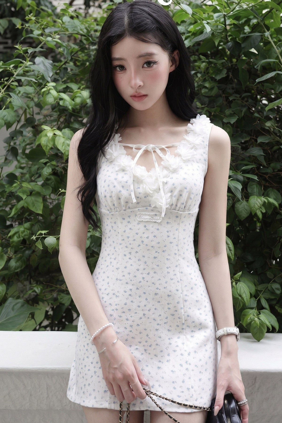 Vestido gris de manga corta, línea A y falda de volantes