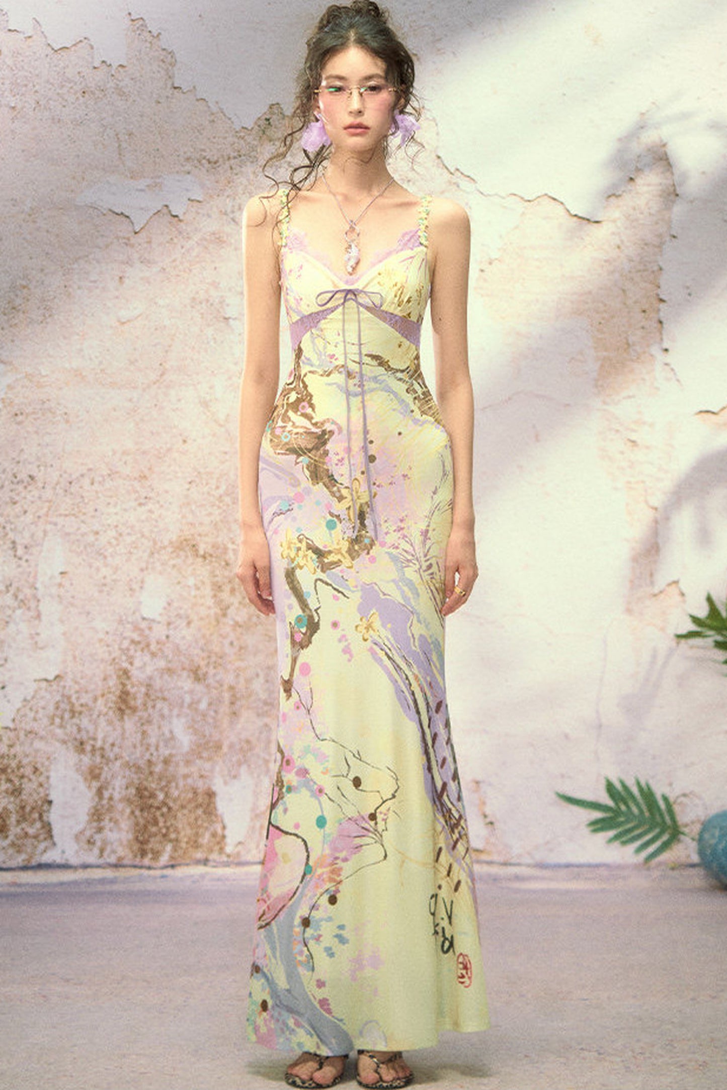 New Chinese Style Printed Tie Waist Fishtail Maxi Dress