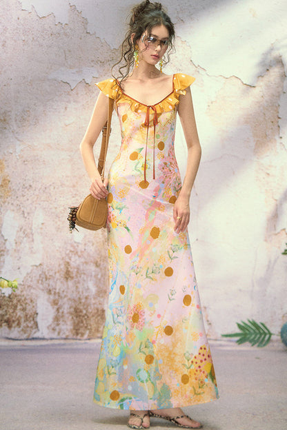 French Oil Painting Floral Ruffle Dress