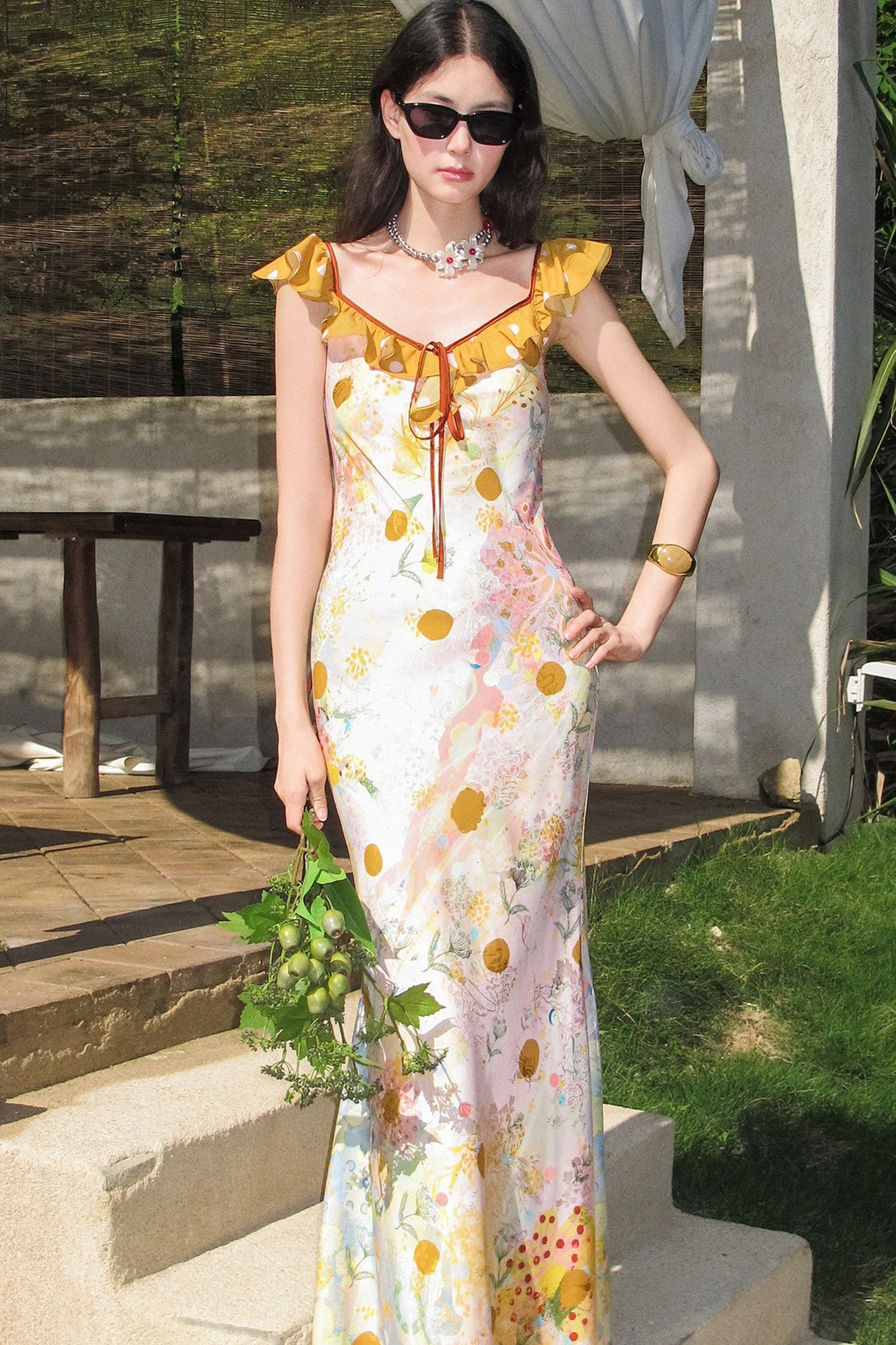 French Oil Painting Floral Ruffle Dress