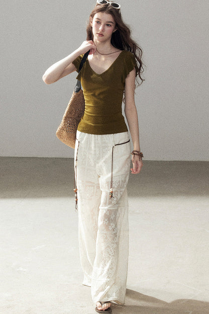 Translucent Lace Wide-Leg Pants