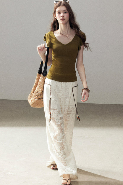 Translucent Lace Wide-Leg Pants