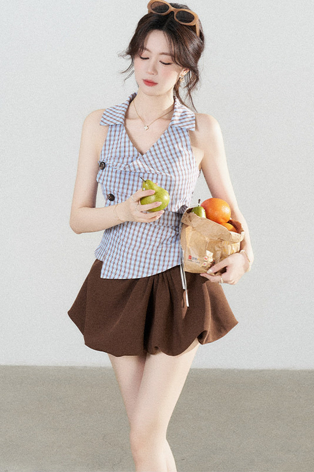 Blue Plaid Sleeveless Halter Shirt and Irregular Hem Skirt Set-Up