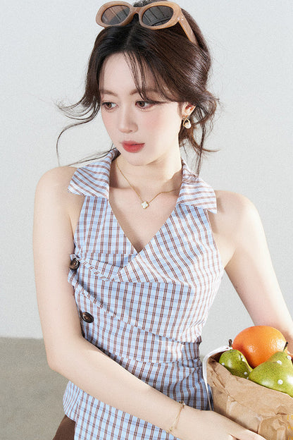 Blue Plaid Sleeveless Halter Shirt and Irregular Hem Skirt Set-Up