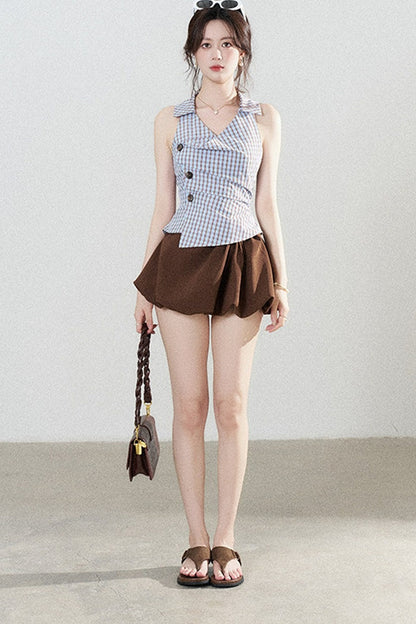 Blue Plaid Sleeveless Halter Shirt and Irregular Hem Skirt Set-Up