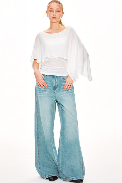 Washed Denim Wide-Leg Pants