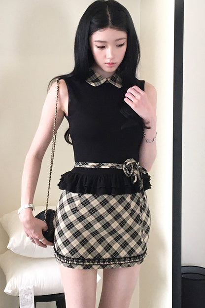 Gray Retro Plaid Two-Piece Set-Up