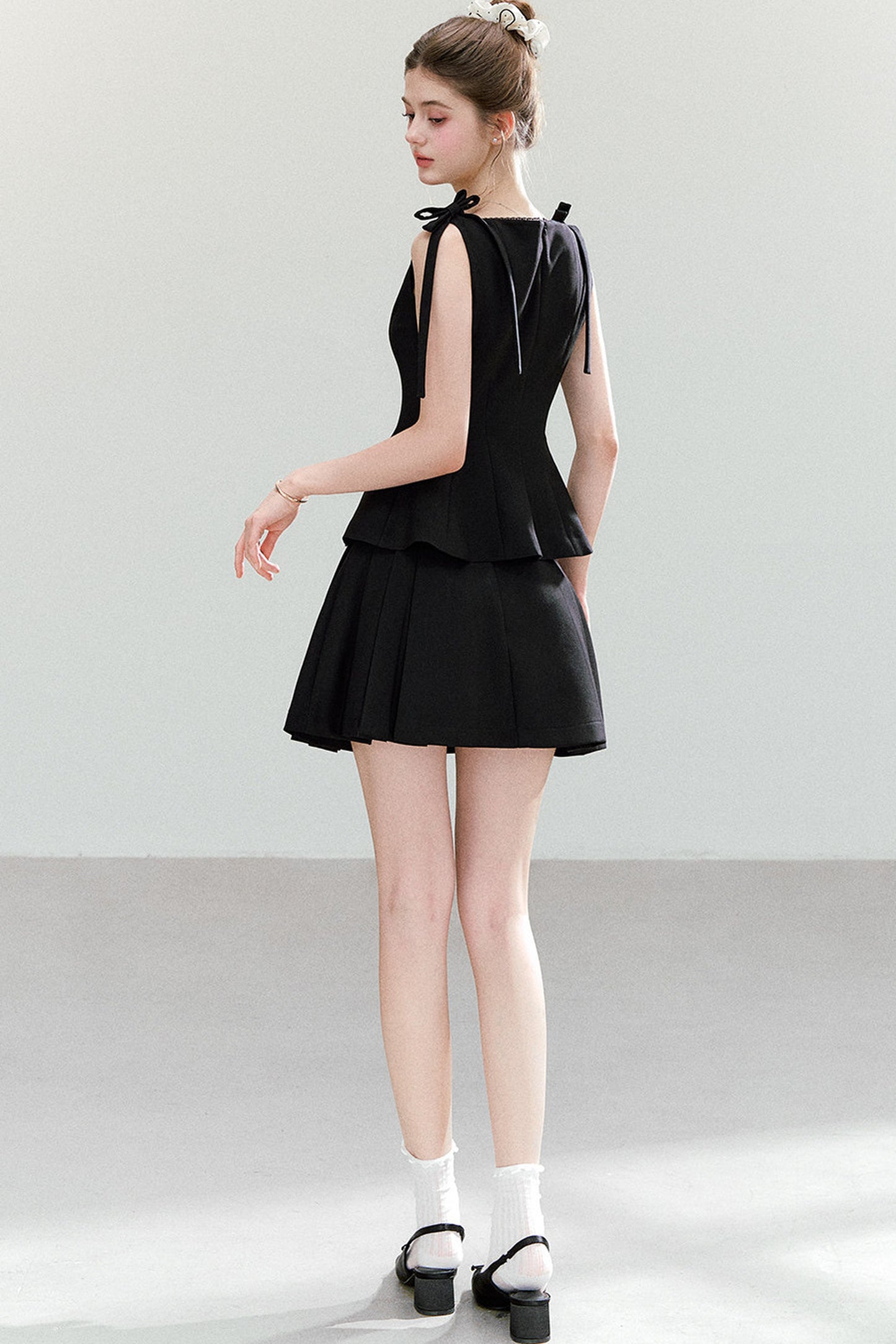 Black Bow-Strap Peplum Top, Pleated Skirt and Pants Set-Up